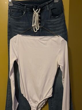 Bold Lace-Up Bootcut Jeans & White Long-Sleeve Bodysuit (match#1)(2jeans-1top)